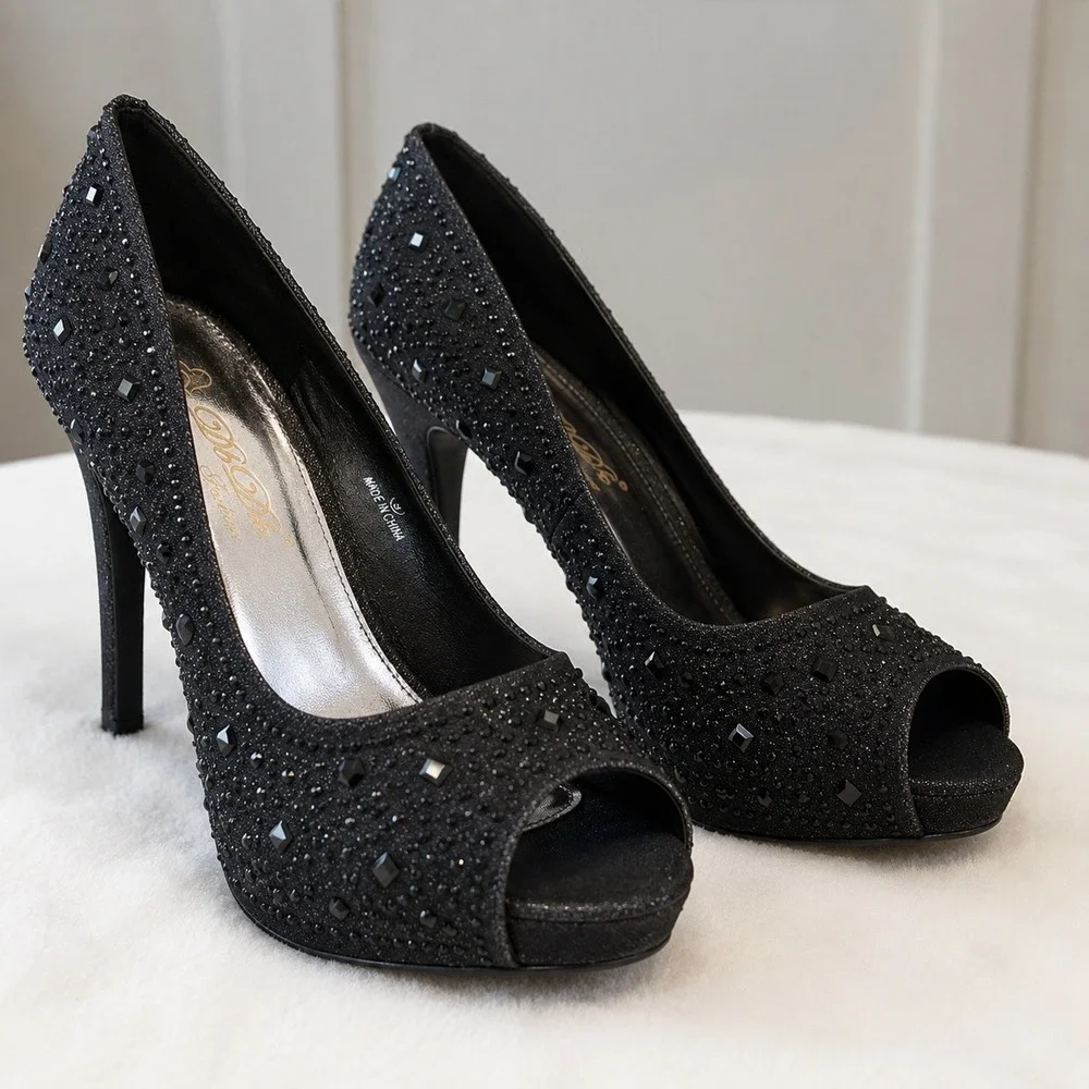B.D.B. Fashions Black Glitter Rhinestone Peep Toe Platform Stiletto Pumps Size 9